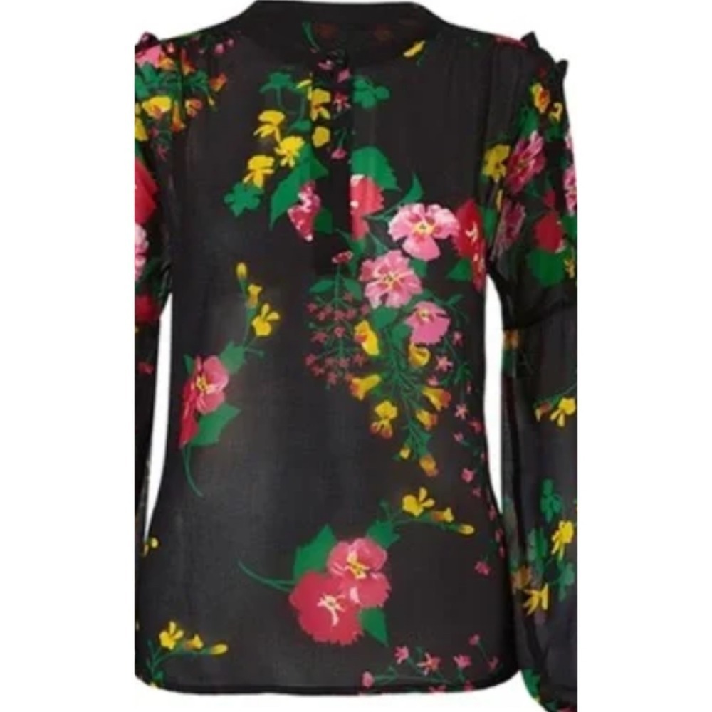 Cabi Thespian Sheer Ruffle Blouse 5706‎ Long Bell Sleeve Black Floral size SM